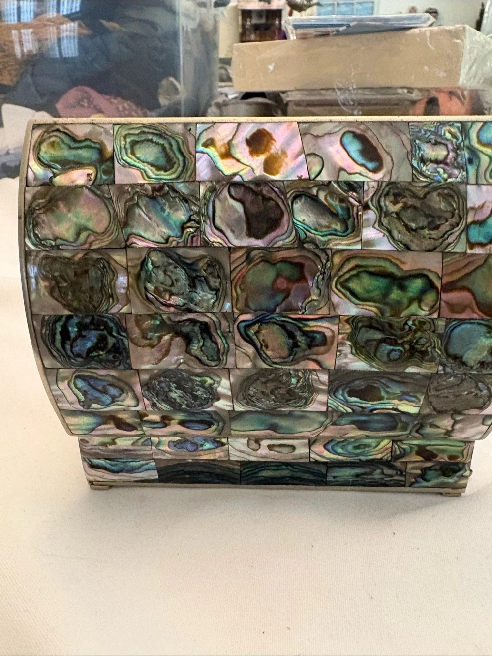 Vintage Mid-Century Mexican Abalone Mosaic Jewelry Box Rosewood Lined Hinge